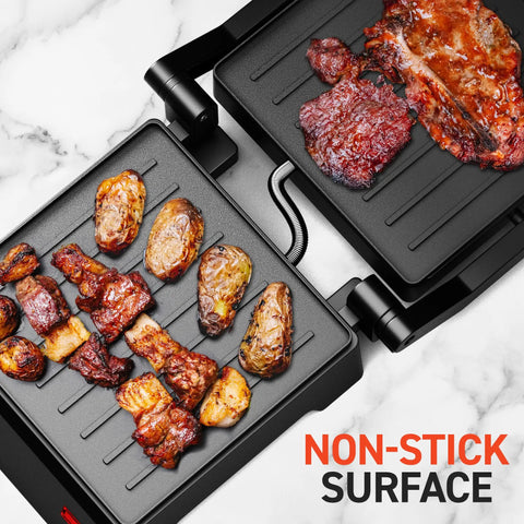 Compact Panini Press And Contact Grill With Floating Top Plate To Make Juicy Sandwiches Quickly, showing grilled meats on non-stick surface.