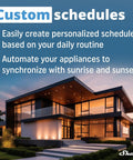 Custom schedules feature of Smart Plug With WiFi And Bluetooth Power Metering, Remote Control And Countdown Timer, Works With Google Home, Alexa, And Home Assistant, No Hub Needed, Easy Setup, ETL Certified, 1800W US Outlet, showing modern house in evening.