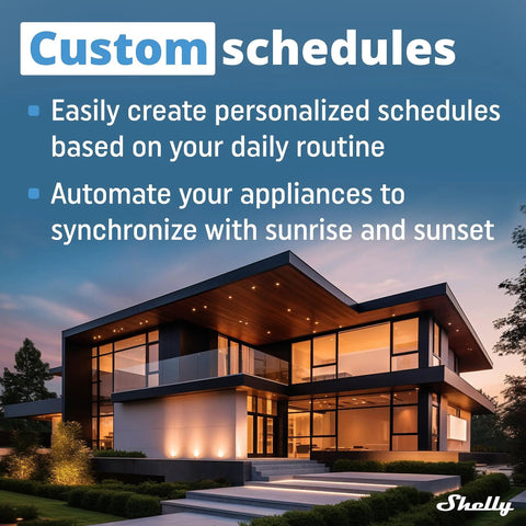 Custom schedules feature of Smart Plug With WiFi And Bluetooth Power Metering, Remote Control And Countdown Timer, Works With Google Home, Alexa, And Home Assistant, No Hub Needed, Easy Setup, ETL Certified, 1800W US Outlet, showing modern house in evening.