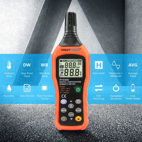 PT6508 Digital Temperature Humidity Meter with LCD backlight, showing ambient temp, dew point, wet bulb, and more for indoor/outdoor use.