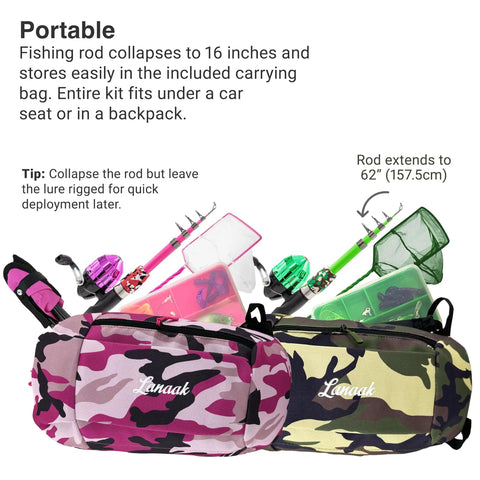 Two Pack Kids Telescopic Fishing Rod Set With Tackle Box And Net Portable Grab And Go Beginner Gear in green and pink bags