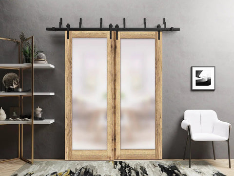 Planum 2102 Interior Barn Bypass Sliding Doors with frosted glass and solid wood 84x96 inches, black hardware in modern style