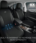 Rugged Work Leather Car Seat Covers With Built In Webbing That Keeps Shape And Is Five Times Stronger Than Ordinary Oxford Fabric Front Seat Cover Airbag Compatible For Cars Trucks And SUVs Black installed on vehicle seats.