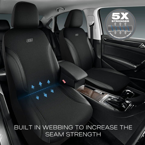 Rugged Work Leather Car Seat Covers With Built In Webbing That Keeps Shape And Is Five Times Stronger Than Ordinary Oxford Fabric Front Seat Cover Airbag Compatible For Cars Trucks And SUVs Black installed on vehicle seats.