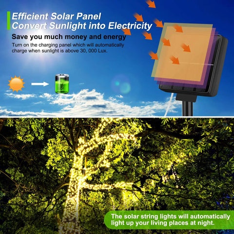 Outdoor Solar String Lights Waterproof 288 Ft Set With Four 72 Ft Strands, solar panel charging and warm white fairy lights