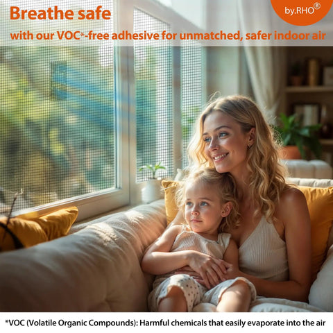 Mother and child sitting by a window with screen, promoting safer indoor air with VOC-free adhesive.