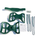 Dual Ride Glider Back-To-Back Tandem Swing parts including green seats and chains laid out on white background