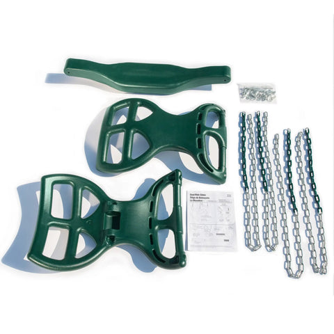 Dual Ride Glider Back-To-Back Tandem Swing parts including green seats and chains laid out on white background