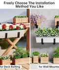 Six Pack Deck Railing Adjustable Planter Box Brackets From 6 To Twelve Point Five Inches Universal Heavy Duty Iron Flower Box Wall Mounting Hooks For Fences Patio And Garden Black, showcased on deck railing and wall mount with flowers.