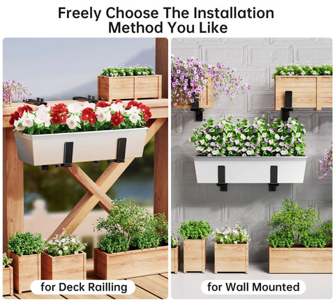 Six Pack Deck Railing Adjustable Planter Box Brackets From 6 To Twelve Point Five Inches Universal Heavy Duty Iron Flower Box Wall Mounting Hooks For Fences Patio And Garden Black, showcased on deck railing and wall mount with flowers.