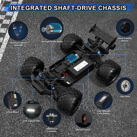 Diagram of One Sixteenth Scale 4x4 Beast RC Monster Truck With 50 KPH Peak Speed 390 High Torque Motor and features labeled