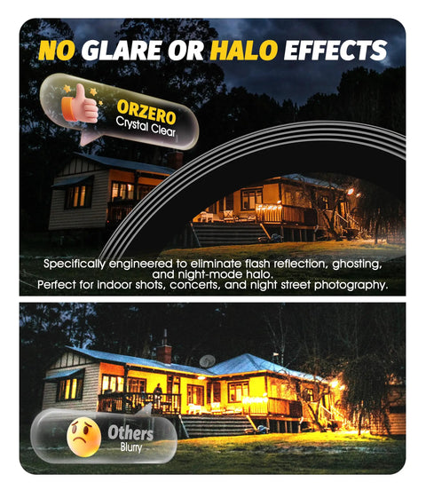 Comparison of house photo with and without glare, showcasing Orzero crystal clear lens protector performance.