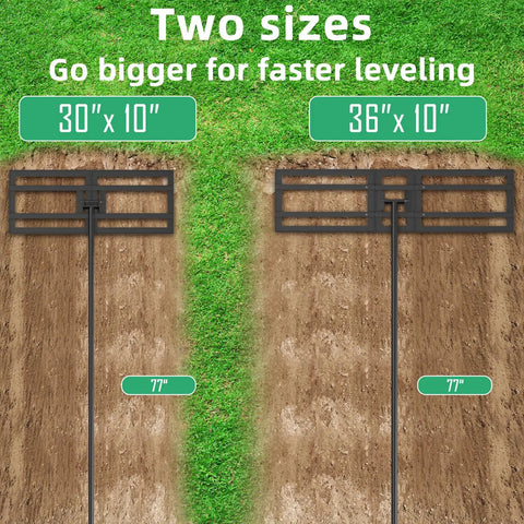 Comparison of Lawn Leveling Rake And Soil Leveler For Yard And Garden 36 By 10 Inch and 30 By 10 Inch sizes on soil with grass.