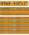 Eight Pack Solar Warning Labels Do Not Relocate Inverter Output Sticker Dual Power Source PV System Bilingual Spanish 4.125 By 1 Inch Weather Resistant UL 969 NEC Compliant With Tough Adhesive For Electrical Panels.