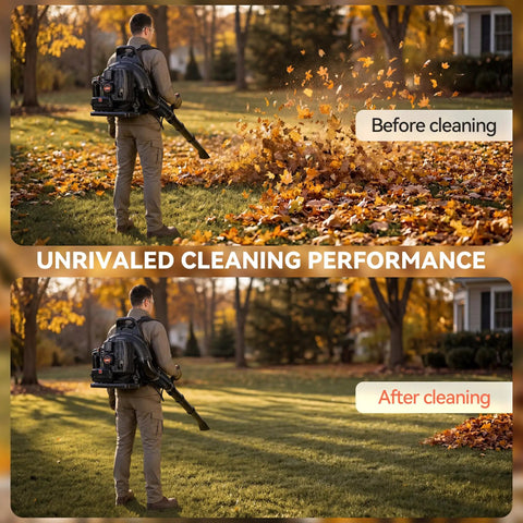 Heavy Duty 72cc Gas Power Backpack Leaf Blower With 230 MPH 760 CFM Adjustable Speed Low Noise Ergonomic Design Cruise Control Ideal For Commercial Lawn Care Yard Debris And Snow Removal in use clearing leaves