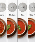 4 Disc Stainless Steel Food Mill With Ergonomic Hand Crank For Tomato Sauce Canning Applesauce Baby Food Mashed Potatoes Puree And Jams A Pro Grade All In One Kitchen Tool For Precise Texture Control And Smooth Results showing four interchangeable discs with varying texture outputs from coarse to ultra-fine.