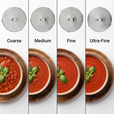 4 Disc Stainless Steel Food Mill With Ergonomic Hand Crank For Tomato Sauce Canning Applesauce Baby Food Mashed Potatoes Puree And Jams A Pro Grade All In One Kitchen Tool For Precise Texture Control And Smooth Results showing four interchangeable discs with varying texture outputs from coarse to ultra-fine.