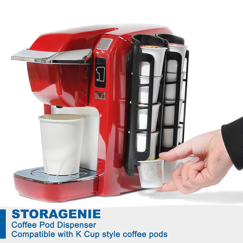 Person using K Cup Holder Organizer For Keurig Pods, Space Saving Countertop Mount, Secured with 3M Mount next to coffee machine