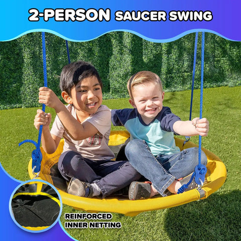 Children enjoying My First Swing And Saucer Outdoor Playset For Backyard with 32-inch saucer swing, reinforced netting