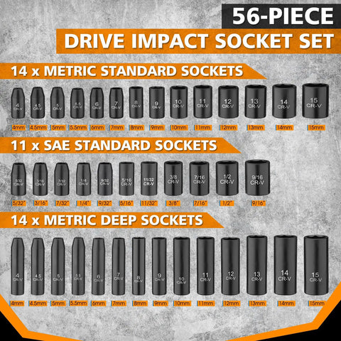 One Quarter Inch Drive Impact Socket Set With Fifty Six Pieces Featuring SAE And Metric Six Point Sockets Includes CR V