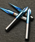 CNC Wood Carving Router Bit Set With 1/4 Inch Shank - 4 Piece, Pro Grade Tungsten Carbide Bits With Nano Blue Coating on gray surface
