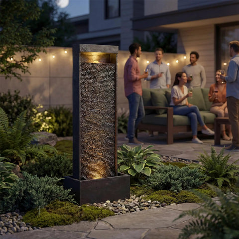 35 Inch Outdoor Water Fountain With Modern Curved Faux Slate Resin Waterfall And 2 Warm LED Lights displayed in garden setting