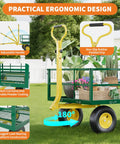 22 Cu Ft Steel Tow Behind Dump Cart for ATVs and UTVs with ergonomic handle details and durable construction, displayed in garden setting