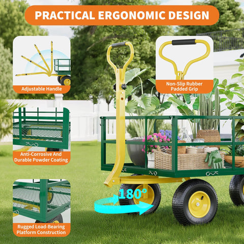 22 Cu Ft Steel Tow Behind Dump Cart for ATVs and UTVs with ergonomic handle details and durable construction, displayed in garden setting
