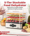 Compact 5 Tray Food Dehydrator With Digital 48 Hour Timer And Adjustable Temperature Up To 167 Degrees, shown with fruit.