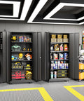 Heavy Duty 73 Inch Metal Storage Cabinet On Wheels With Locking Doors And Four Adjustable Shelves, Durable Steel Garage Cabinet For Home Kitchen Office And Warehouse, 32 Inch Wide By 16 Inch Deep with tools and supplies visible inside.