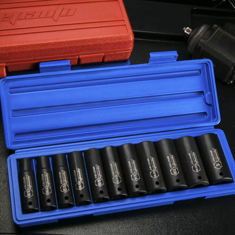 1/2-Inch Drive Deep Impact Socket Set Cr-V 6-Point 11 SAE Sockets With Heavy-Duty Build in blue case