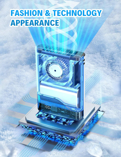 AI Portable Waist Clip Fan With 10000mAh Battery,LED Indicator depicted as futuristic technology with blue glow