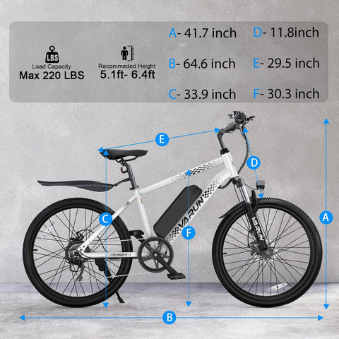 Beast Of An All Terrain Electric Bike For Adults With 500W Peak Motor 20 MPH Top Speed 24 Inch Wheels with dimensions chart