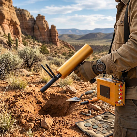 Person using Pro Grade Metal Detector With 1000m Range And 20m Depth Dual Antenna Handheld Treasure Finder in a desert area.