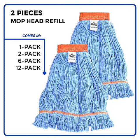 Top Shelf Commercial Loop End Wet Mop Head Refill 2 Pack 20 Inch Large Blue 4 Ply Synthetic Yarn for heavy duty cleaning.