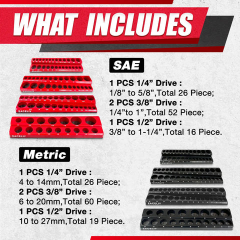 Image showing Magnetic Socket Organizer Set 8 Piece For SAE And Metric Deep And Shallow Sockets Holds 199 Sockets One Half Inch One Quarter Inch Three Eighths Inch ABS Material Tray Holder Kit Sockets Not Included.