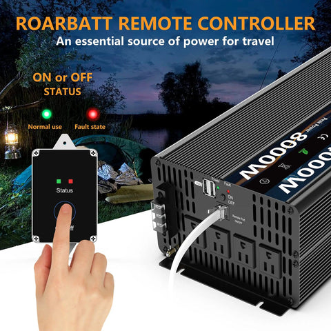 4000W Pure Sine Wave Power Inverter 12V To 110V And 120V AC With Remote, 8000W Peak, 4 AC Outlets, shown with remote control