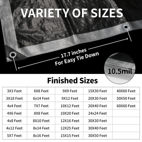 Heavy Duty Tarp Set 4x6 Feet 2 Pack 10.5 Mil Waterproof Multipurpose Protective Cover sizes with reinforced edges
