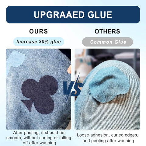 Iron On Denim Patches For Jeans Repair Kit comparison with upgraded glue for secure adhesion versus common glue