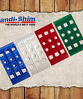 Heavy Duty Reusable Plastic Construction Shims For Spacing And Leveling, 40 Piece Assorted Pack In Four Sizes One Thirty Second Inch One Sixteenth Inch One Eighth Inch One Quarter Inch Ideal For Deep Applications Handi Shim, showing blue, white, red, green sections on textured background.