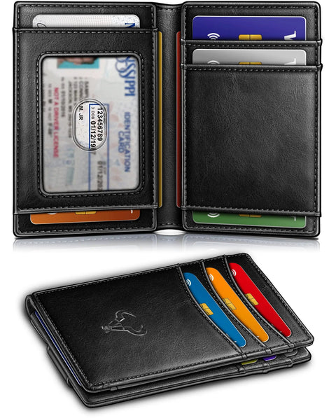 Open Magnetic Closure Slim Leather Front Pocket Wallet For Men With RFID Blocking That Holds 12 Cards And A Cash Clip