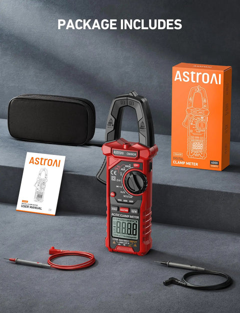Digital Clamp Meter Multimeter With Auto-Ranging 4000 Counts For AC And DC Voltage And Current, Resistance, Capacitance, Frequency, Duty Cycle, Diode, Continuity, Live Wire NCV Test, Non Contact Voltage Detection, Pro Grade Tool For Pros And DIY, shown with case and probes