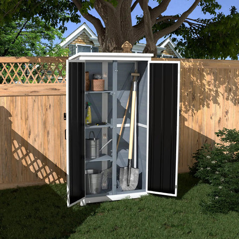Backyard Outdoor Storage Cabinet Made From Wood And Metal Garden Shed With Weatherproof Roof And Lockable Doors 66 Inch Wide