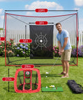 Man practicing with Backyard Golf Practice Net 10x7ft with hitting net, dual turf mats, silk targets, balls, and carry bag.
