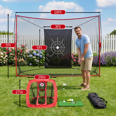 Man practicing with Backyard Golf Practice Net 10x7ft with hitting net, dual turf mats, silk targets, balls, and carry bag.