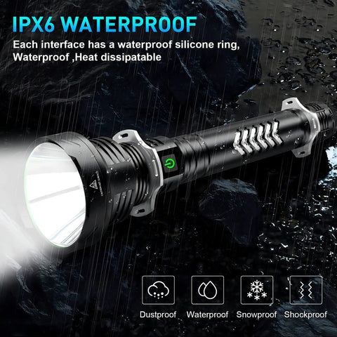 99,000 Lumen Rechargeable Flashlight 2 Pack With 7 Modes LED IPX7 Waterproof Beast Bright Long Range Beam in rain showing waterproof feature