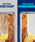 Comparison of traditional dish soap vs Powerwash Spray Dish Soap Fresh Scent Starter Kit With Three Refills Four 16 Ounce Bottles.