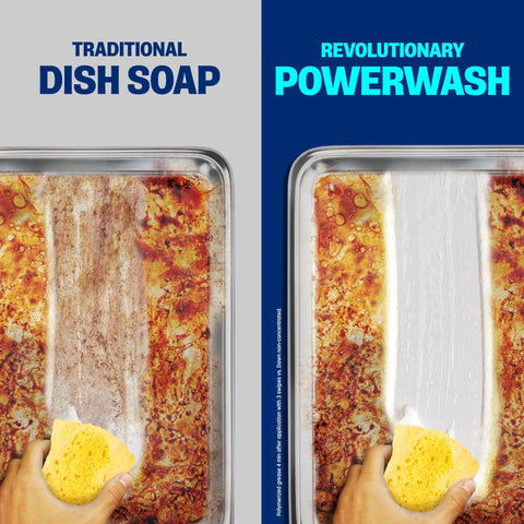Comparison of traditional dish soap vs Powerwash Spray Dish Soap Fresh Scent Starter Kit With Three Refills Four 16 Ounce Bottles.