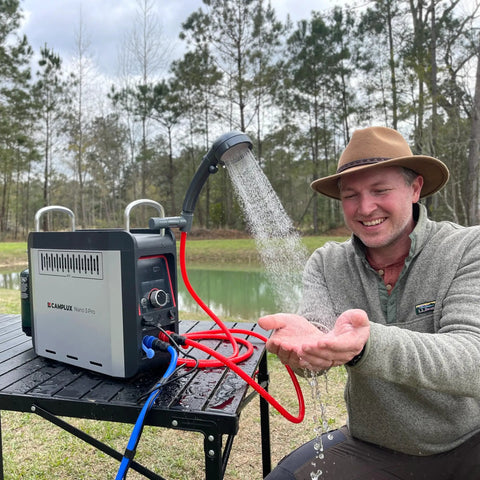 On Demand Propane Portable Water Heater For Camping With Built In Battery Tabletop Hot Shower Pump in outdoor use