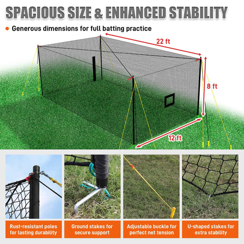 Upgraded All In One Baseball Batting Cage With Steel Frame And Net 22 By 12 By 8 Feet Portable Enclosed Hitting Cage features